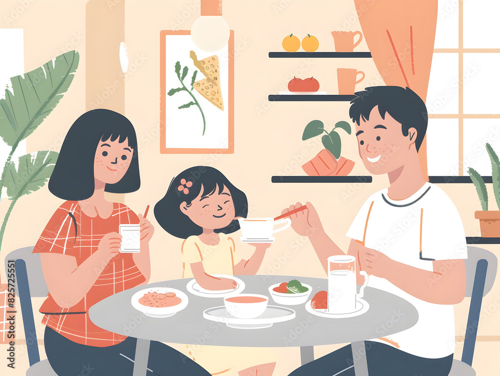 Asian family father, mother, and daughter eating breakfast with milk in the dining room.Parents and daughter enjoying breakfast with milk in a warm, inviting kitchen . Asian family father, mother, and daughter eating breakfast with milk in the dining room.Parents and daughter enjoying breakfast with milk in a warm, inviting kitchen .