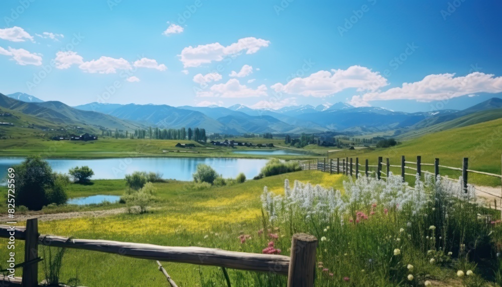 Fototapeta premium A stunning spring day landscaping views of fertile land surrounded beautiful green vegetation, wide stretches of hills and mountains with clear skies in spring