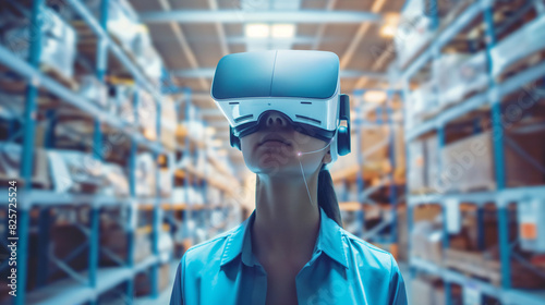 Logistikmitarbeiter trägt VR Brille um Logistikprozess zu verbessern Lagerlogistik optimieren mit Lagervernetzung zum Arbeitsplatz der Zukunft Generative AI photo