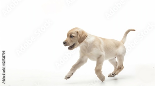 Playful Little Labrador Retriever playing isolated on white studio background Young doggy pet looks playful cheerful sincere kindly Concept of motion action pets love dynamic Copyspace : Generative AI