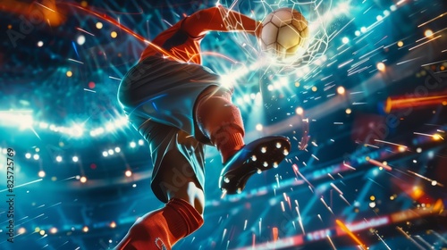 A closeup of a soccer player performing a powerful bicycle kick photo