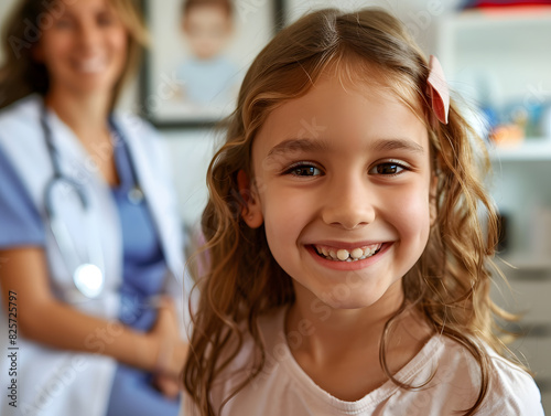 Doctor seated behind, young girl smiling at the camera in the foreground, during clinic  or denral clinic visit.Healthcare professional check up, young patient girl smiling . photo