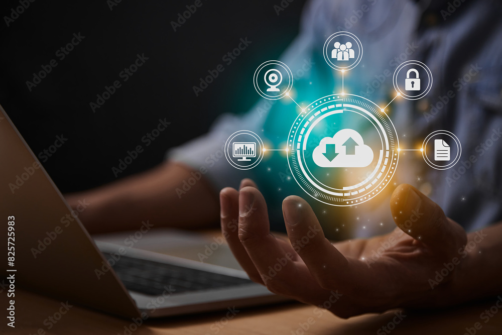 © steafpong - Turquoise Yellow Cloud Storage Network or Cloud Computing Technology Concept. Cloud,Graph,Lock,Document and HUD Icon on Business's Hand with Laptop Computer © steafpong - Turquoise Yellow Cloud Storage Network or Cloud Computing Technology Concept. Cloud,Graph,Lock,Document and HUD Icon on Business's Hand with Laptop Computer