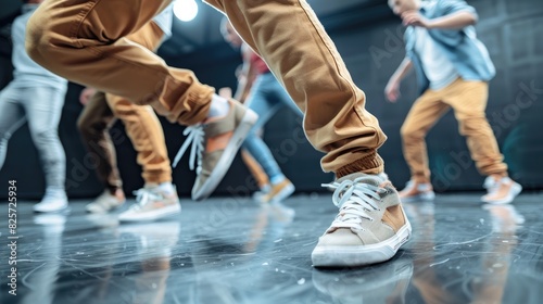Hip hop dancers showcasing their skills in an urban setting combining contemporary street dance with breakdancing in a studio and practicing hip hop in a formal dance studio cropped close u