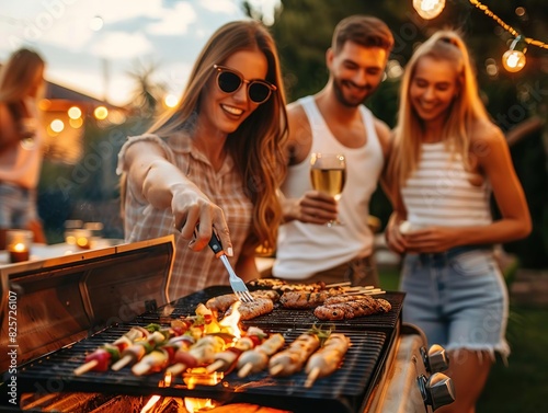 Group of friends enjoying a summer evening BBQ  grilling food outdoors in a cozy backyard setting with a festive atmosphere.