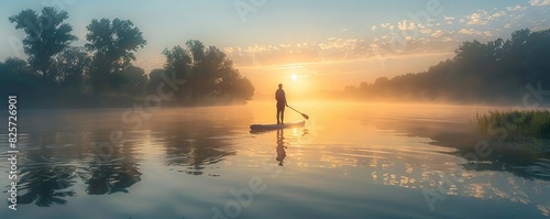 Silhouette of a person paddleboarding on a calm lake at sunrise, surrounded by mist and trees. Peaceful and serene morning scene. photo
