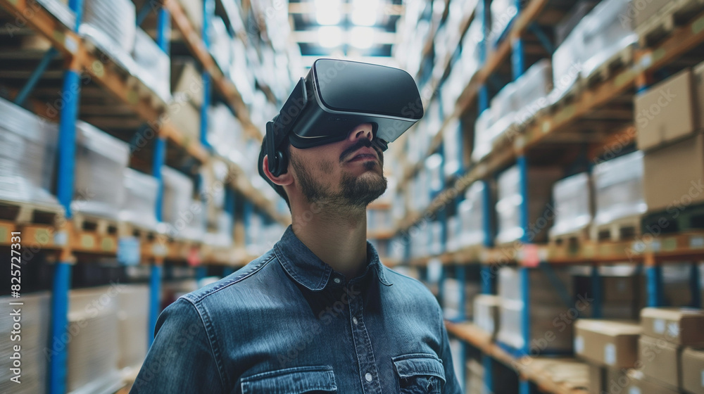 Logistikmitarbeiter trägt VR Brille um Logistikprozess zu verbessern Lagerlogistik optimieren mit Lagervernetzung zum Arbeitsplatz der Zukunft Generative AI Logistikmitarbeiter trägt VR Brille um Logistikprozess zu verbessern Lagerlogistik optimieren mit Lagervernetzung zum Arbeitsplatz der Zukunft Generative AI