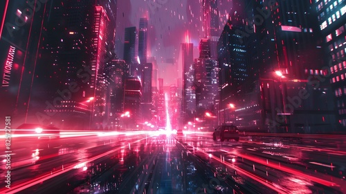 A vibrant, futuristic city at night with neon lights reflecting on wet streets and high-rise buildings, creating a cyberpunk atmosphere.