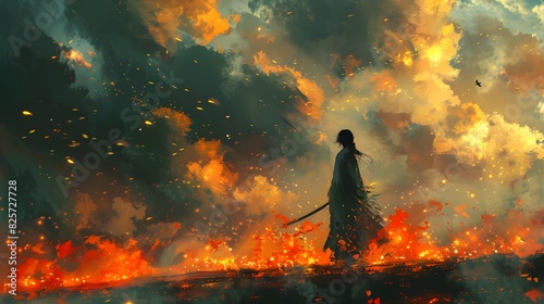 A lone samurai stands amidst a fiery battlefield, surrounded by flames and smoke, creating a dramatic and intense scene.