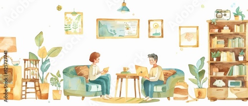 A kawaii watercolor of booking accommodation, with a couple looking at hotel options, in a charming living room, with cozy furniture and travel magazines, clipart isolated on white
