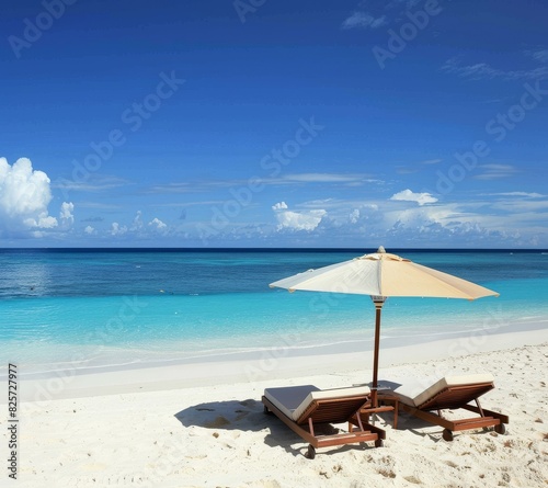 Two sun loungers and a beach umbrella invite relaxation on a white sandy beach with calm blue waters and a clear sky as the backdrop.