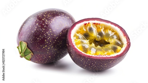 Isolated passionfruits One and a half passion fruits maracuya isolated on white background with clipping path : Generative AI