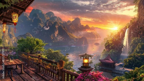 views of mountains and ocean visible from the house on the cliff. Virtual 4K video animation background with looping time lapse with very smooth graphics. photo