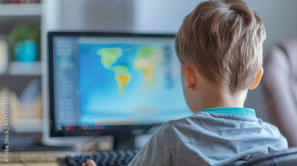 Young boy using a computer for online learning, studying a world map. Focus on back of head, blurred map on screen.