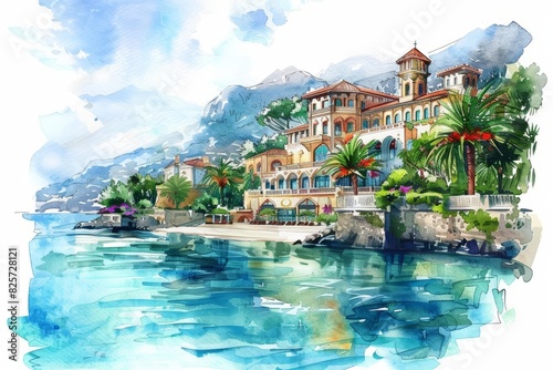 A watercolor of a luxurious travel destination photo