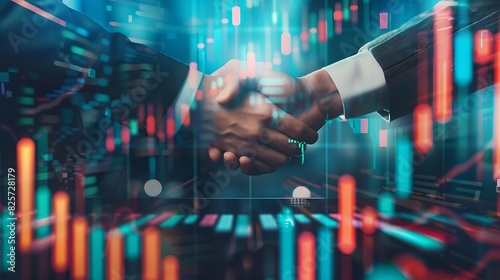 Business handshake on finance prosperity and money technology asset background  Economy and financial growth by investment in valuable stock market to gain wealth profit form currency  : Generative AI photo
