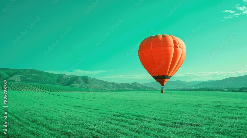 Fototapeta premium A whimsical hot air balloon floating over a scenic landscape, isolated on a green background