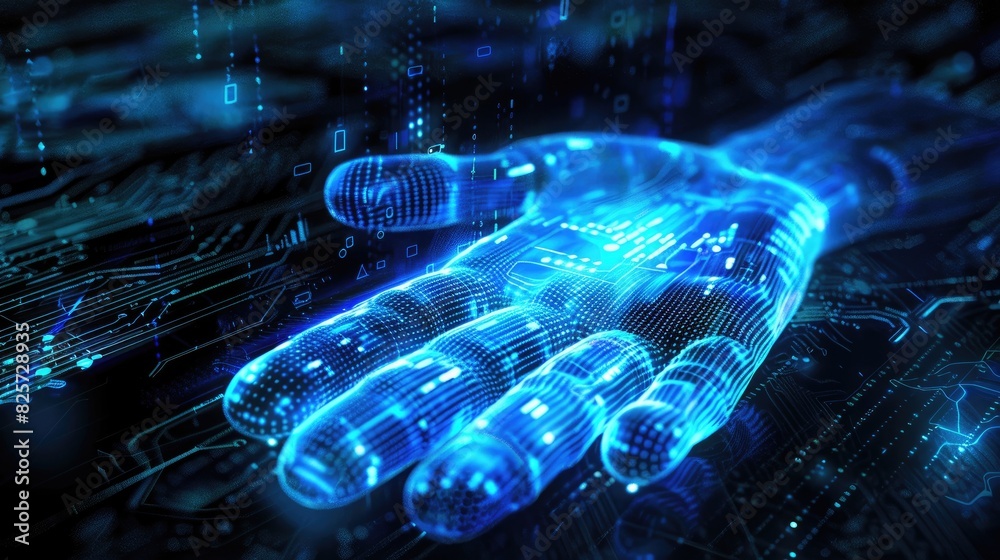 custom made wallpaper toronto digitalFuturistic digital hand made of glowing lines and circuits representing advanced technology, innovation, and artificial intelligence.