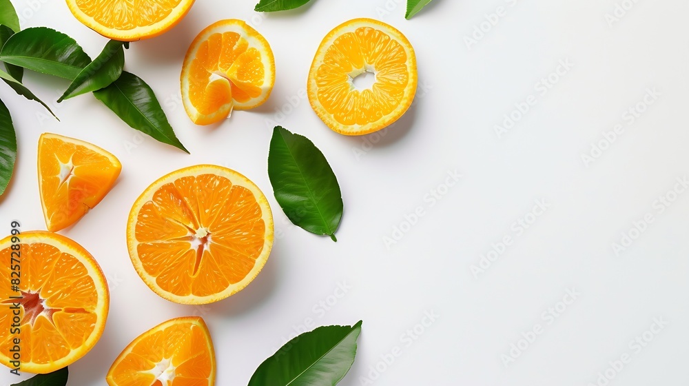 Orange fruit with segment and green leaves isolated on white background : Generative AI Orange fruit with segment and green leaves isolated on white background : Generative AI