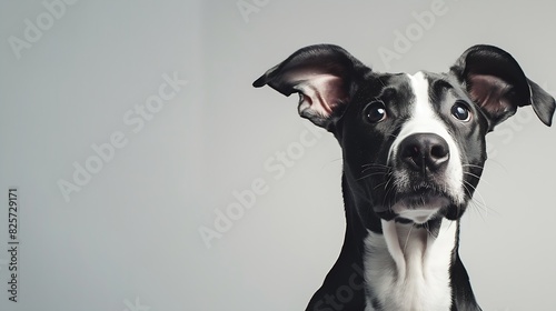 studio headshot portrait of black and white dog tilting head looking forward against a light gray background   Generative AI