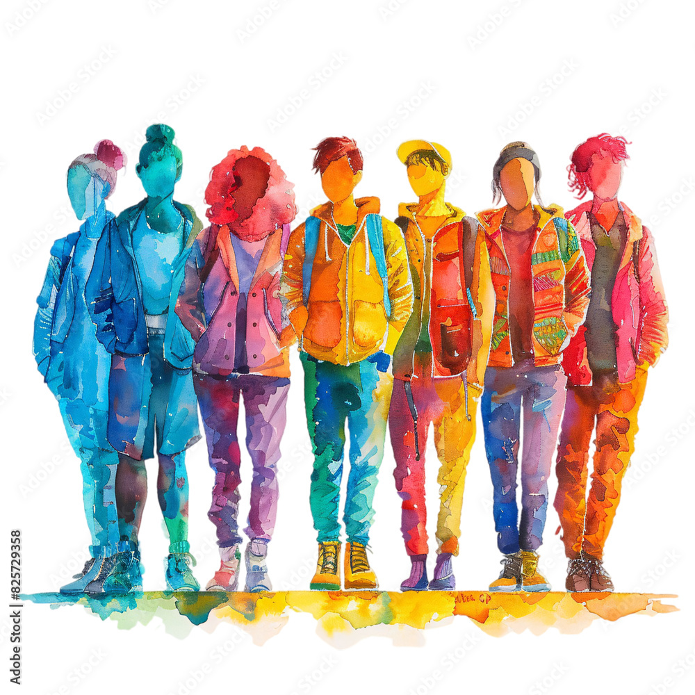 Naklejka premium A watercolor illustration features a diverse group of LGBTQ+ individuals standing together in solidarity, depicted on a transparent background.