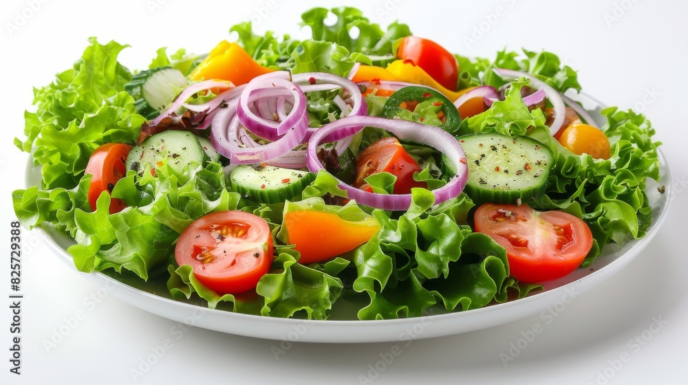 Fresh and Healthy Tossed Salad with Lettuce, Red Onions, and Vegetables on White Plate - Balanced Diet Concept