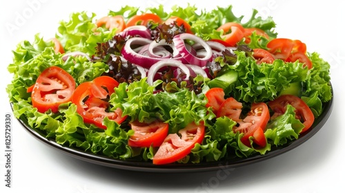 Fresh and Vibrant Tossed Salad with Crisp Lettuce and Red Bell Peppers on Plate against White Background - Healthy Eating Concept