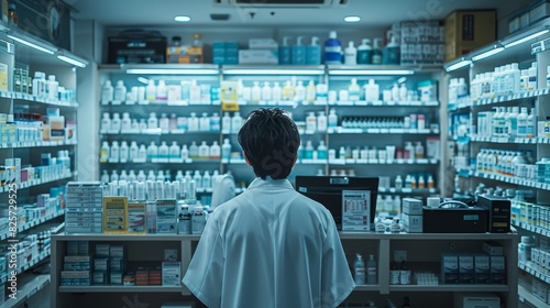 Behind the Scenes of a Pharmacist: Professional in White Coat at Pharmacy Counter with Organized Medicines Shelves
