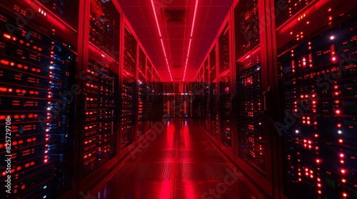 A massive server bank bathed in an eerie red glow, alarm lights flashing as a cyber attack breaches the network defenses.
