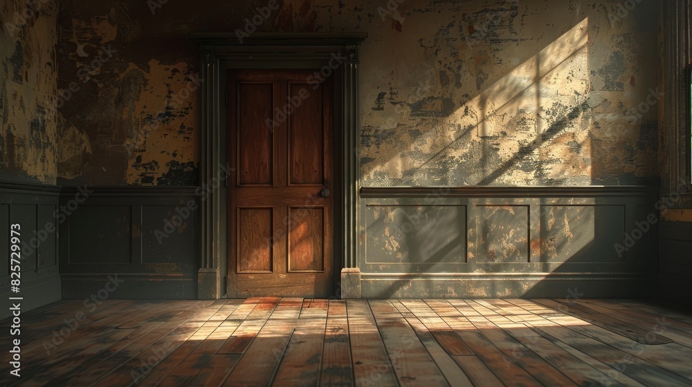  an unfurnished room featuring only a door and a solid wooden floor under plain lighting 