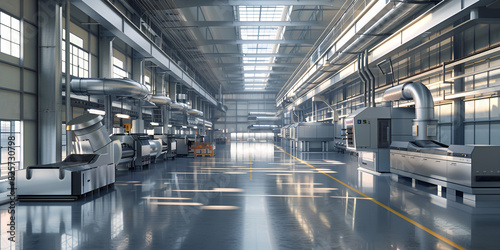 a factory interior industrial machinery backdrop. Modern futuristic empty factory Interior of industrial warehouse building