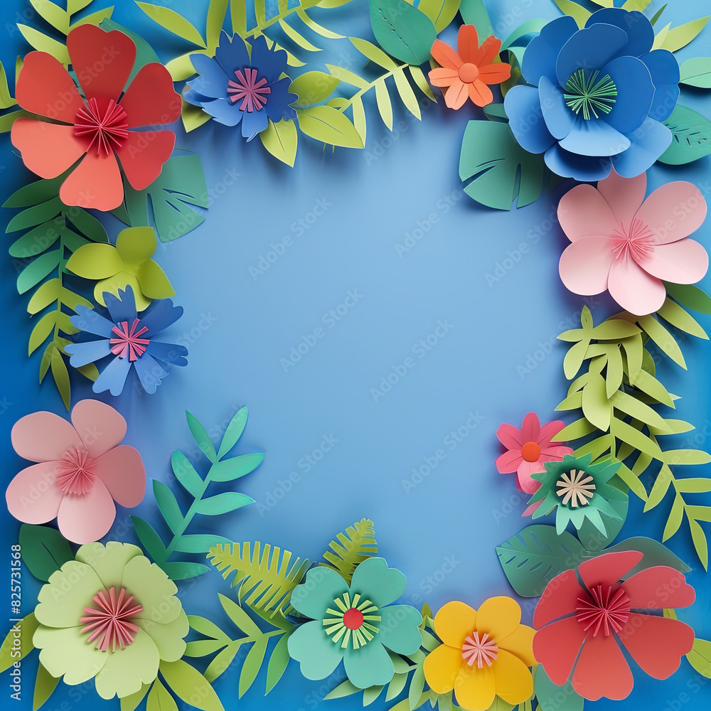 Obraz premium a blue background with colorful paper flowers and green leaves on the edges, generative AI