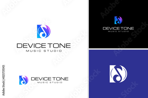 Colorful minimalist letter D with musical elements. Abstract musical note symbol in negative space for music studio or musical instrument shop logo design template