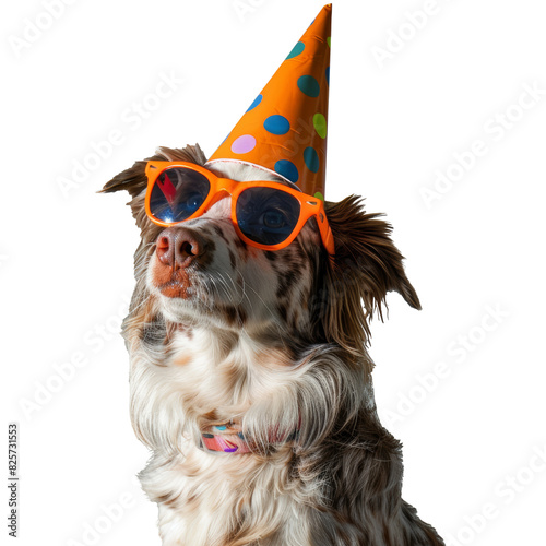 Cute dog with sunglasses and party cone hat, transparent background