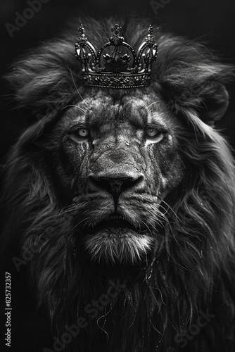 Black and white portrait of a lion wearing a crown, symbolizing power, royalty, and strength in a dramatic and majestic setting. © GreenMOM
