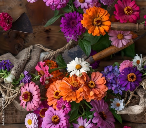 Spectacular Display of Gathered Wildflowers Alongside Aged Gardening Tools on Rustic Wooden Table