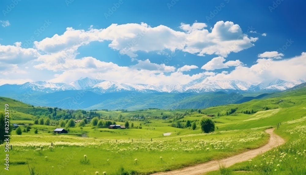 A stunning spring day landscaping views of fertile land surrounded beautiful green vegetation, wide stretches of hills and mountains with clear skies in spring A stunning spring day landscaping views of fertile land surrounded beautiful green vegetation, wide stretches of hills and mountains with clear skies in spring