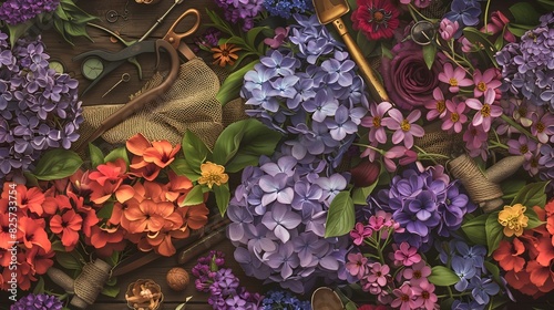 Abundant Cluster of Vibrant Blooms and Vintage Gardening Tools in Neo Impressionist Style