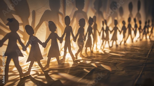 Paper cut out people linked together in a human chain illuminated by light and shadow