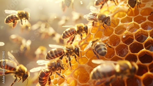 Close-up of a beehive with several bees nesting in a honeycomb hexagonal shape.