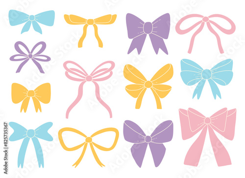 Set of various hand-drawn bows, gift ribbons. Fashionable hair braiding accessory. Hand drawn vector illustration.