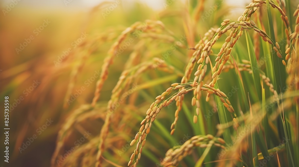Golden Rice Paddy Field in Autumn Sunlight with Vibrant Grain Stalks Golden Rice Paddy Field in Autumn Sunlight with Vibrant Grain Stalks