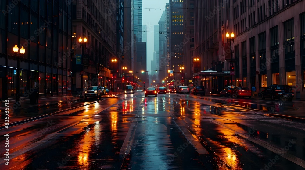 Vibrant Nighttime City Street with Wet Pavement and Blurred Lights