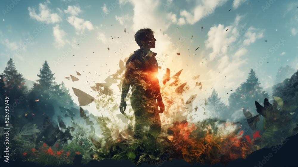 Naklejka premium Man in Nature with Shattering Effect at Sunrise 
