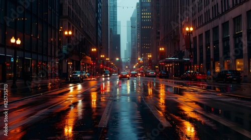 Vibrant Nighttime City Street with Wet Pavement and Blurred Lights