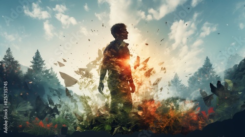 Man in Nature with Shattering Effect at Sunrise 