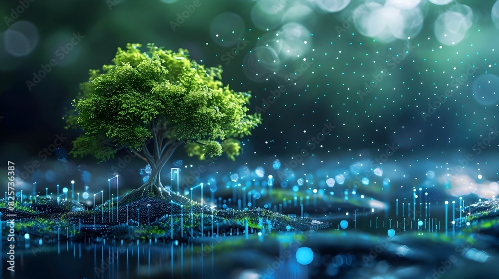 Fototapeta premium Enchanted Nightfall in a Magical Forest Landscape with Glowing Lights and Serene Water Reflections