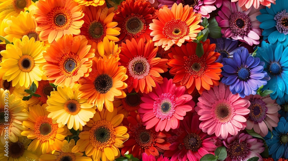 A colorful array of blooming flowers arranged in a radiant LGBTQ+ pride flag pattern, each flower glowing with natural brightness, with a sunlit backdrop enhancing the vivid spectrum and symbolizing A colorful array of blooming flowers arranged in a radiant LGBTQ+ pride flag pattern, each flower glowing with natural brightness, with a sunlit backdrop enhancing the vivid spectrum and symbolizing