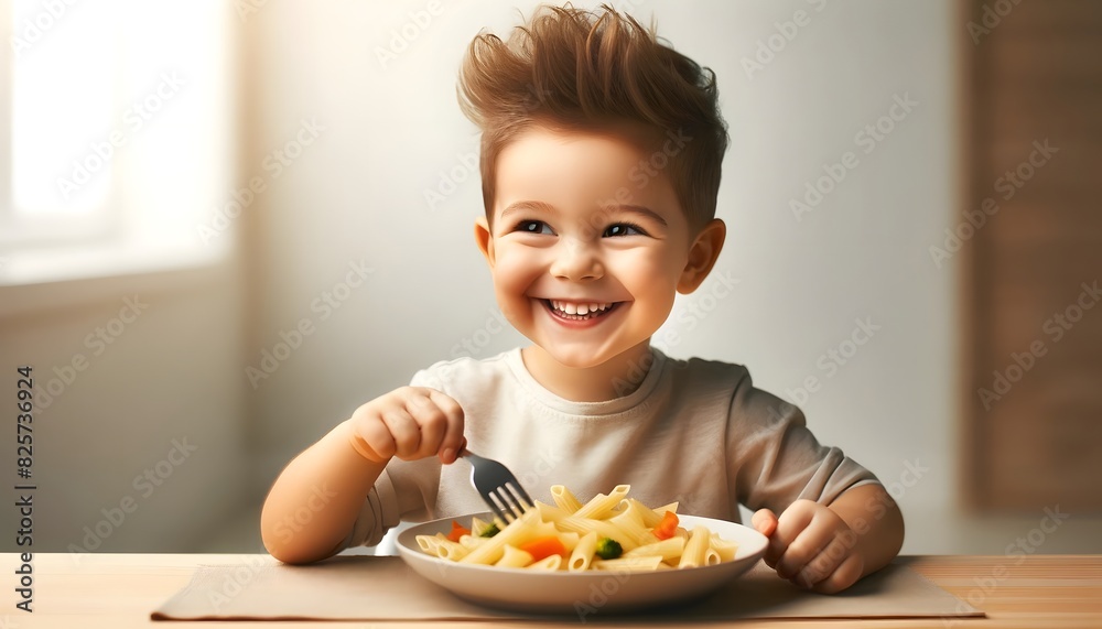 A cheerful child with a different hairstyle, smiling and enjoying a plate of pasta with vegetables