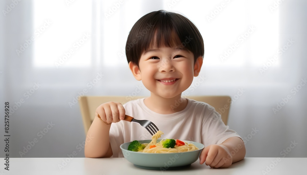 A cheerful Asian child with a different hairstyle, smiling and enjoying a plate of pasta A cheerful Asian child with a different hairstyle, smiling and enjoying a plate of pasta